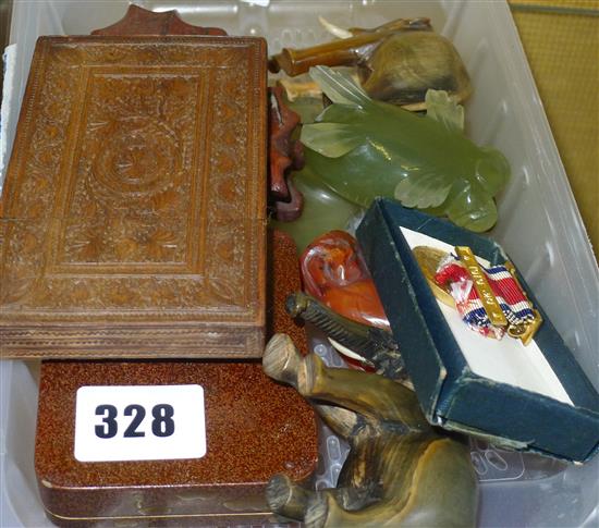 Bowenite fish, Indian card case, Japanese lacquer box and other items